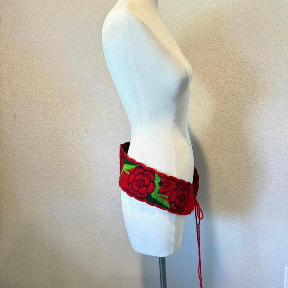Red Floral Embroidered Sash Belt Wide Scalloped Rose Waist Tie Boho Folk